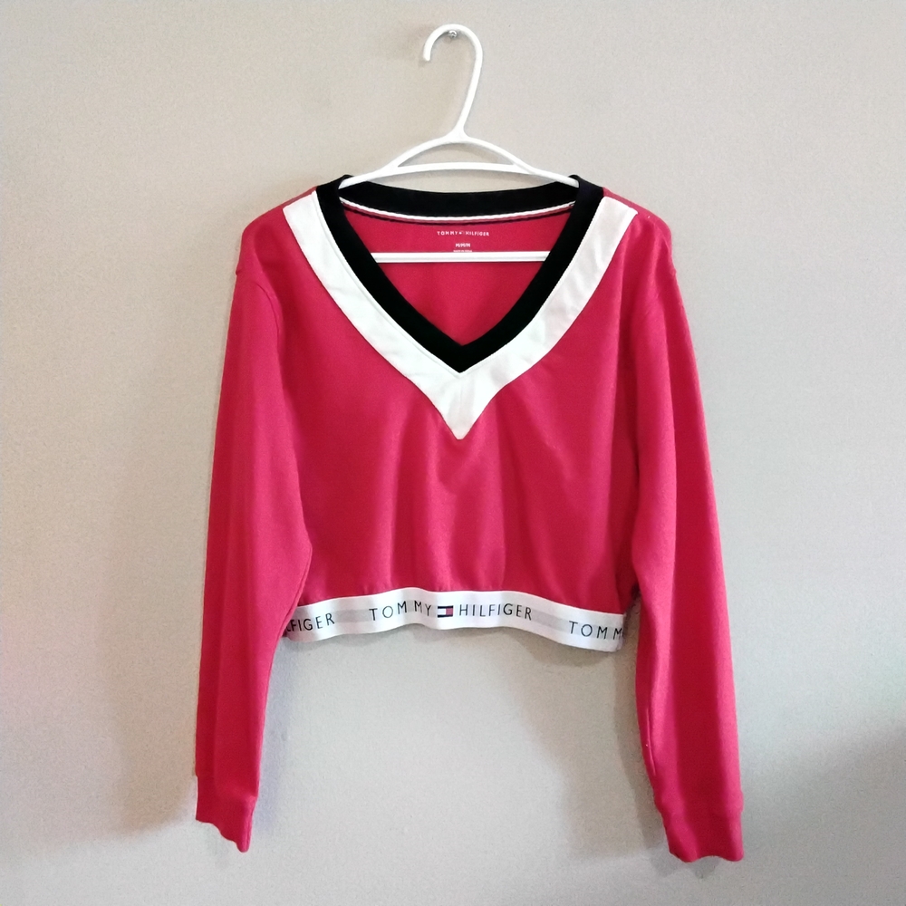 Vintage Tommy Hilfiger Red Cropped V-Neck French Terry Long Sleeve – Medium EUC - Picture 2 of 16